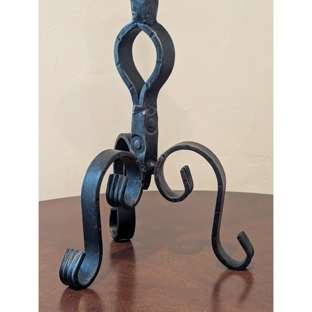 VTG Hand-Forged Black Iron Candle Holder Substantial Weight Scroll Design 13